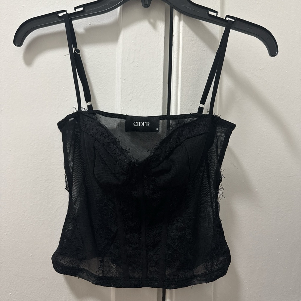 Cider black corset top with adjustable straps and mesh back